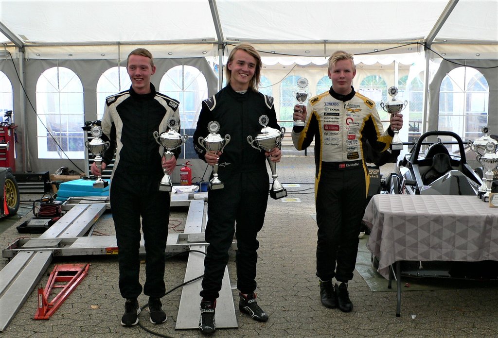 Resultat af heat 3 - fra venstre nr. 2 Max Brink Eneneberg, nr. 1 Nicolai Nygaard Pedersen og nr. 3 Christoffer Christensen